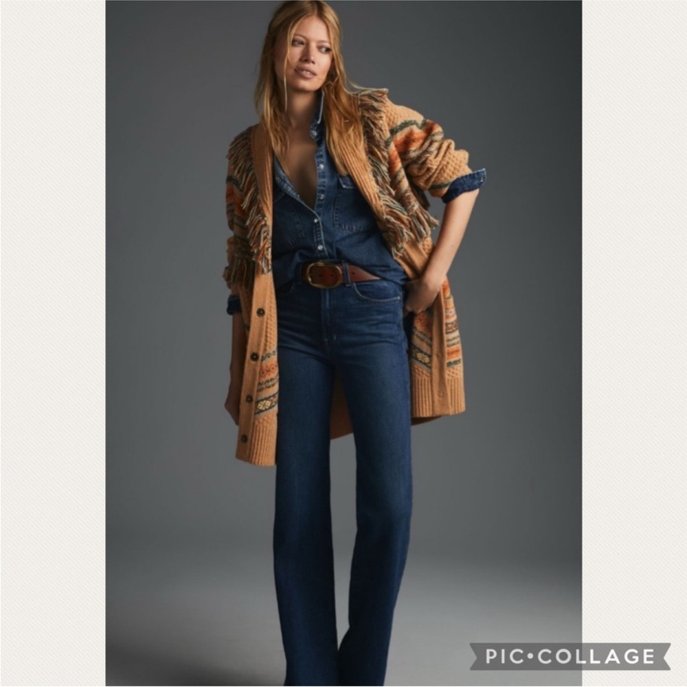 Anthropologie Fringed Cardigan Sweater in Neutral Pattern - Picture 2 of 11
